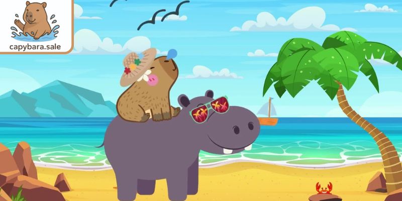 Capybara hoạt hình cute bên hà mã