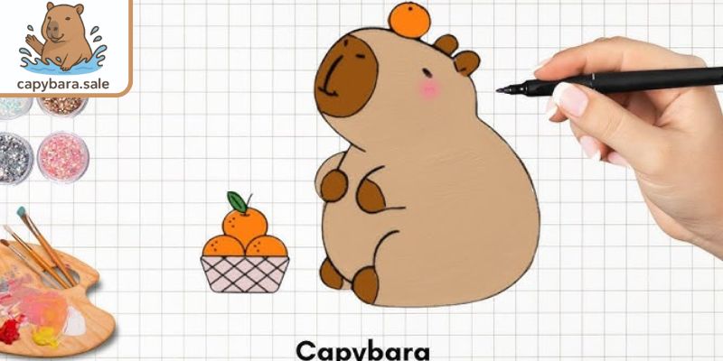 Capybara thẫn thờ ngồi bên giỏ cam vàng